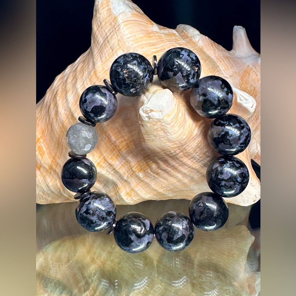 INDIGO GABBRO + GREY RUTILATED QUARTZ   STONES NATURAL BRACELET 7